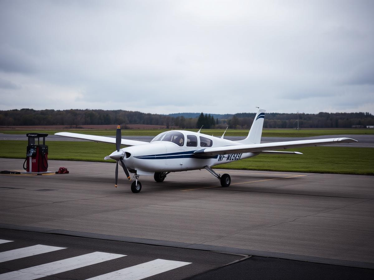 Single-engine aircraft parked beside the self-serve fuel pump