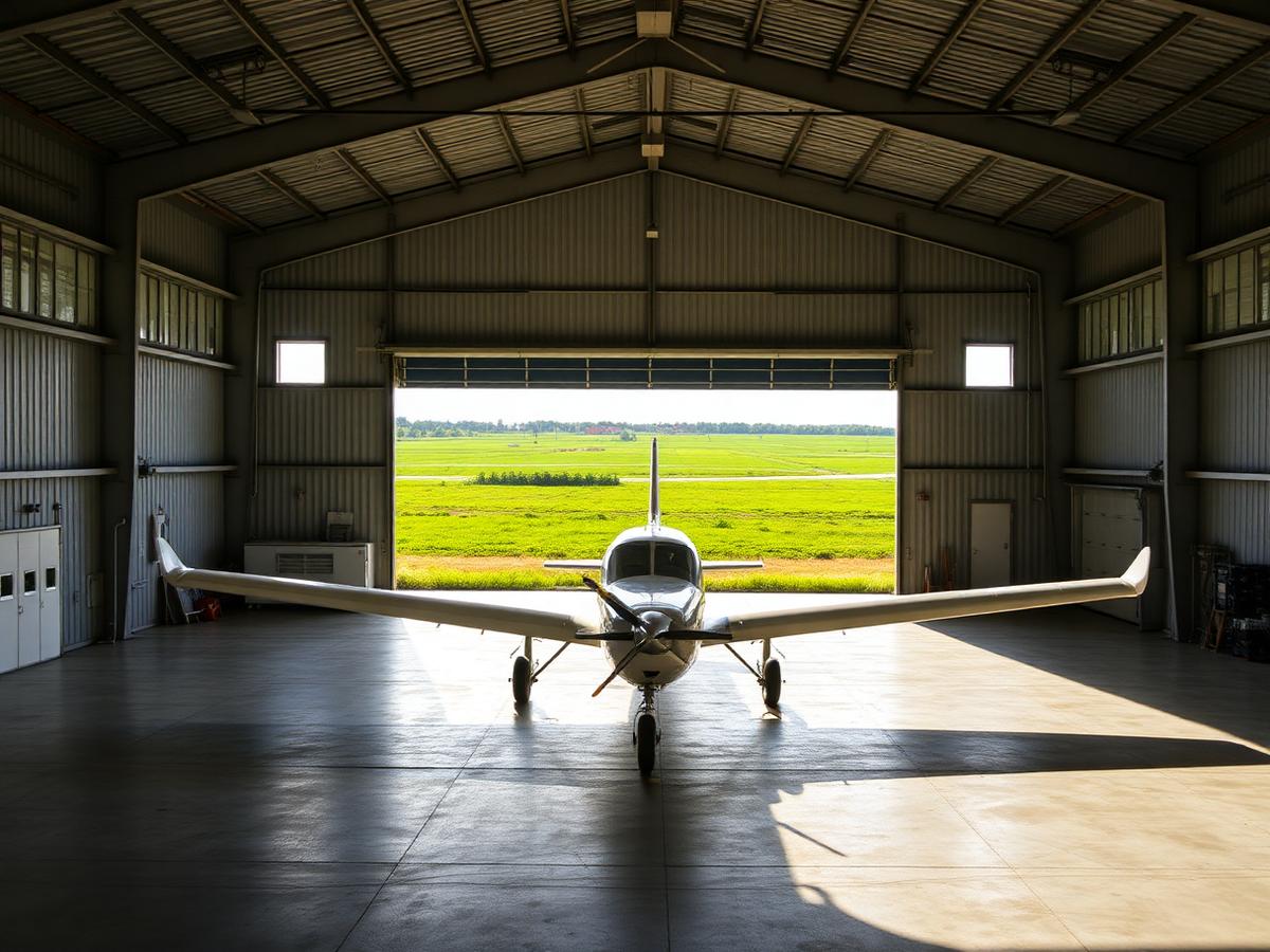 A light aircraft inside an open hangar looking out to green fields